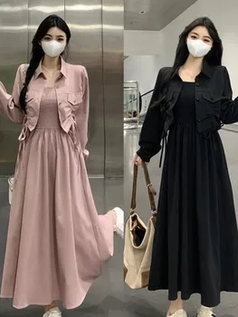 Милый повседневный комплект из 2 предметов, женский укороченный кардиган с завязками + платье миди на бретелях, осень-весна, Корейская шикарная модная однотонная одежда.